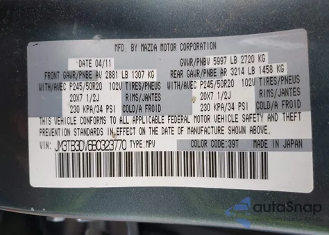 2011 Mazda Cx-9 Grand Touring from USA, damaged, VIN JM3TB3DV6B0323770